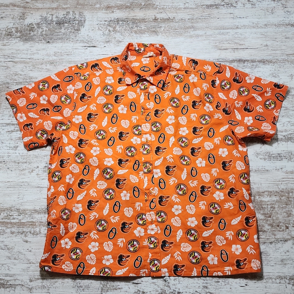 Mens Baltimore Orioles Hawaiian Button Shirt Size XL Orange